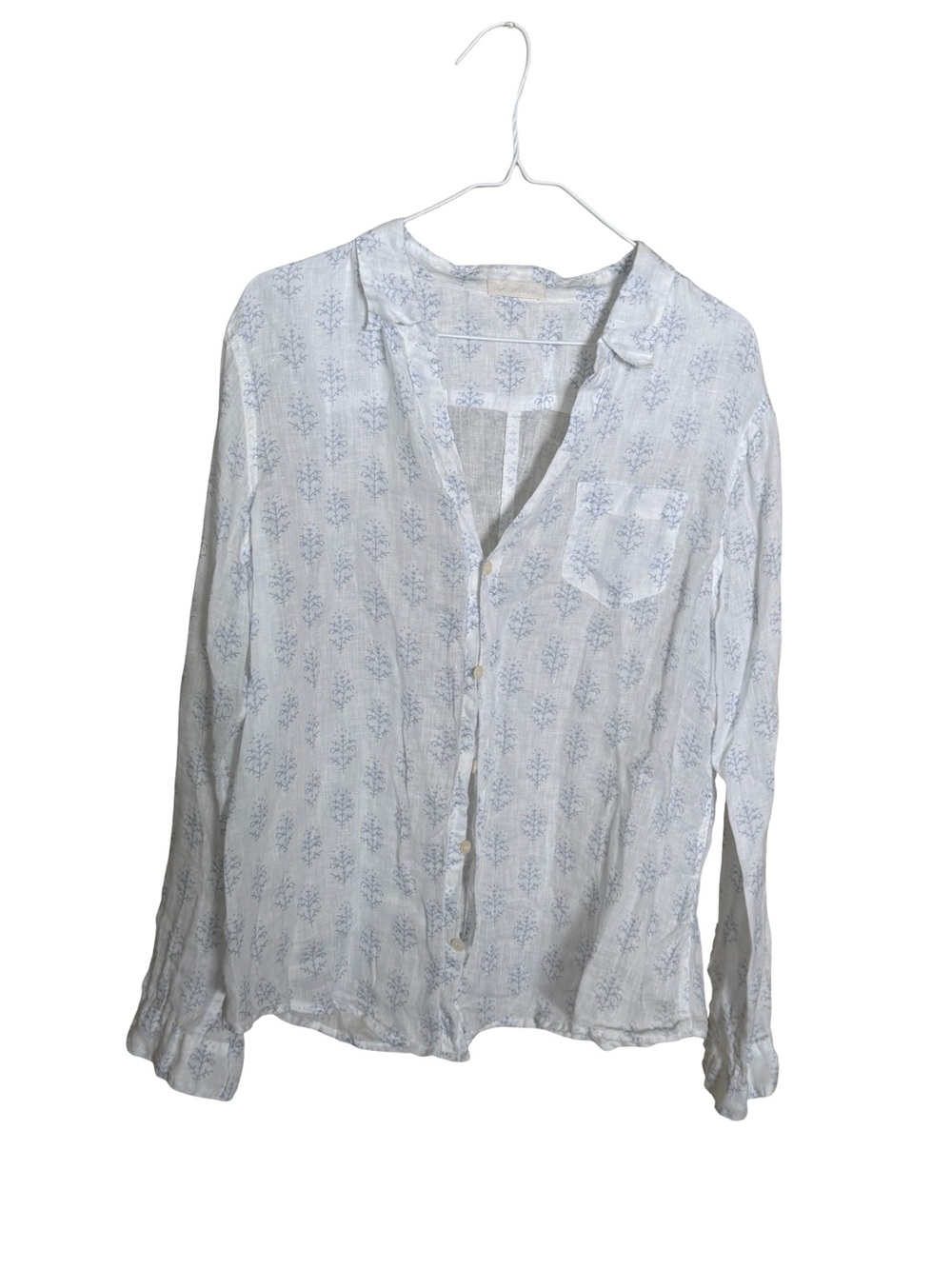 CP Shades 100% Linen White Blue Dainty Floral Print Button Down Shirt Blouse L